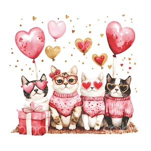 18 cliparts de chats de la Saint-Valentin, cadeau de propriétaire de chat, carte aquarelle, JPG de haute qualité, téléchargement numérique, artisanat de chats aimants, journal indésirable S432