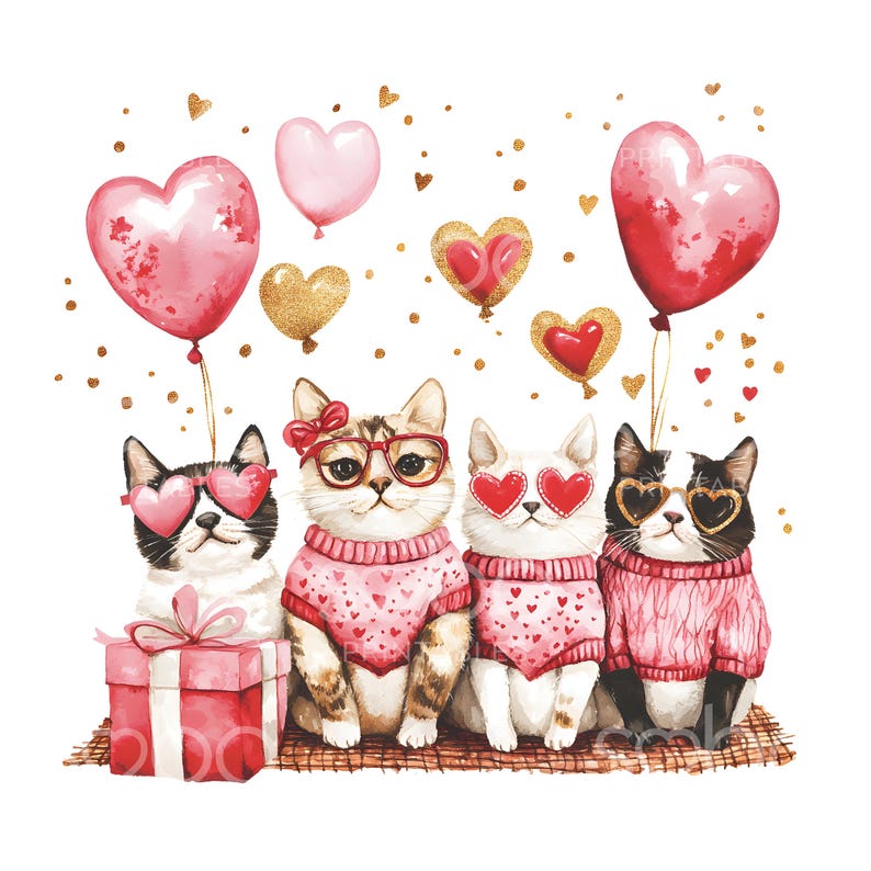 May include: Four cats wearing pink sweaters and heart-shaped sunglasses are sitting together. They are surrounded by pink and gold hearts. One cat is holding a pink gift box.