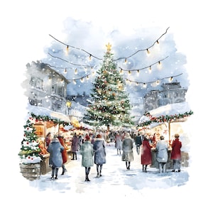 May include: A watercolour illustration depicting a Christmas market. A large, decorated Christmas tree is the focal point, surrounded by market stalls and people. Snow falls, and fairy lights add to the festive atmosphere.