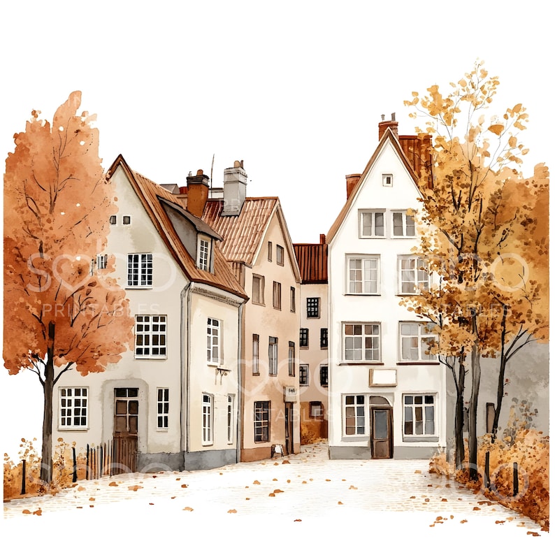 20 Autumn Street Clipart, Fall Autumn Clipart, Printable Watercolor Clipart, Wall Art, High Quality JPGs, Digital Download, Paper Craft S144 image 6