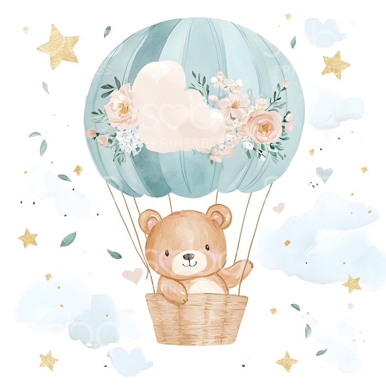 21 Blue Teddy Bears Clipart, Hot Air Balloons, Baby Shower Clipart ...