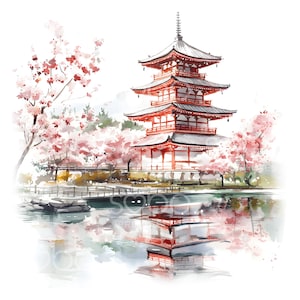 Könnte beinhalten: Ein Aquarellbild einer traditionellen japanischen Pagode mit rotem Dach und weißen Wänden. Die Pagode ist von Kirschblütenbäumen umgeben und spiegelt sich in einem stillen Teich.