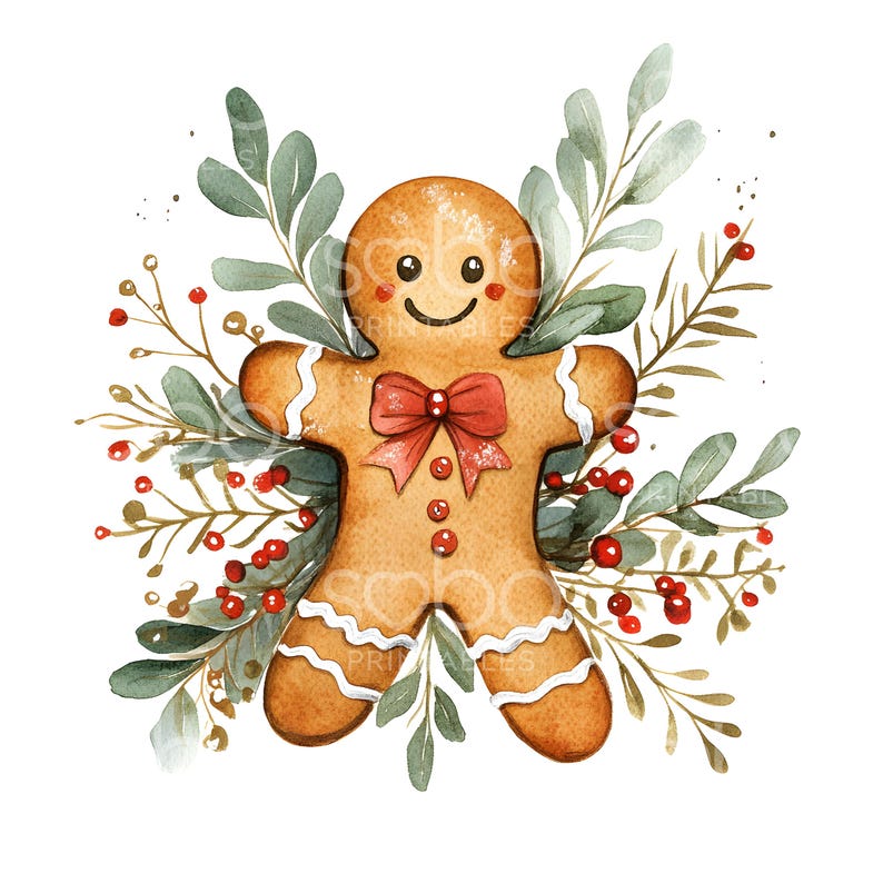 May include: A watercolour illustration of a gingerbread man with a red bow, surrounded by green and gold leaves and red berries.