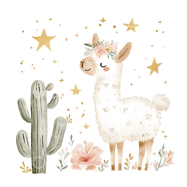 May include: A watercolor illustration of a white llama with a pink flower crown, standing in a desert landscape with a green cactus and gold stars.