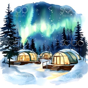 20 Clipart Glamping Under Aurora, Clipart tenda da campeggio, Clipart acquerello stampabile, JPG di alta qualità, Download digitale, Junk Journal S224