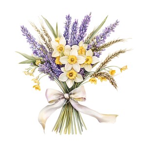 May include: A watercolor painting of a bouquet of lavender, daffodils, and wheat tied with a white ribbon.