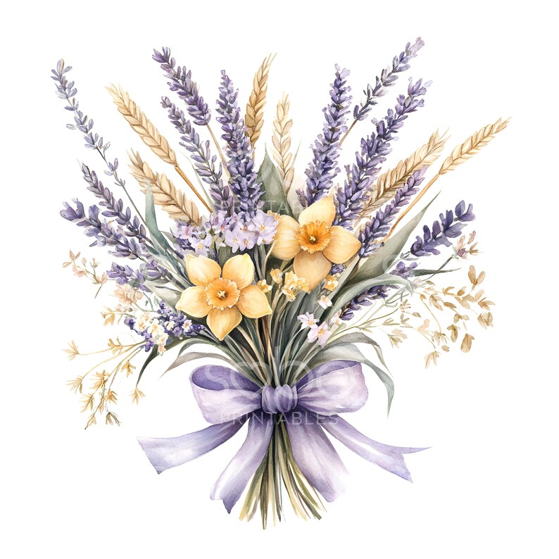 May include: A watercolor painting of a bouquet of lavender, wheat, and daffodils tied with a purple ribbon.