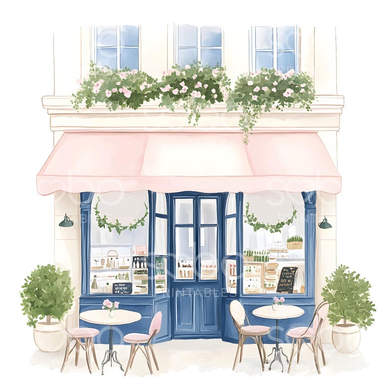 May include: A watercolor illustration of a pink and white storefront with a blue door and windows. The storefront has a pink awning and is decorated with greenery. There are two tables with chairs outside the store.