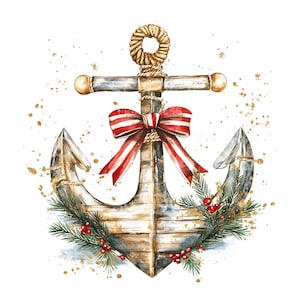 Puede incluir: Ilustración en acuarela de un ancla con temática náutica. El ancla está decorada con un lazo a rayas rojas y blancas, ramas de pino y bayas rojas. Los detalles dorados y de cuerda completan el diseño.