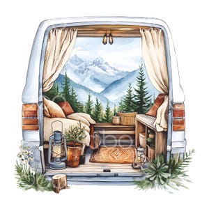 20 clipart de vida em acampamento de van, trailer de acampamento, arte em aquarela para impressão, JPGs de alta qualidade, download digital, artesanato em papel, diário de lixo S827