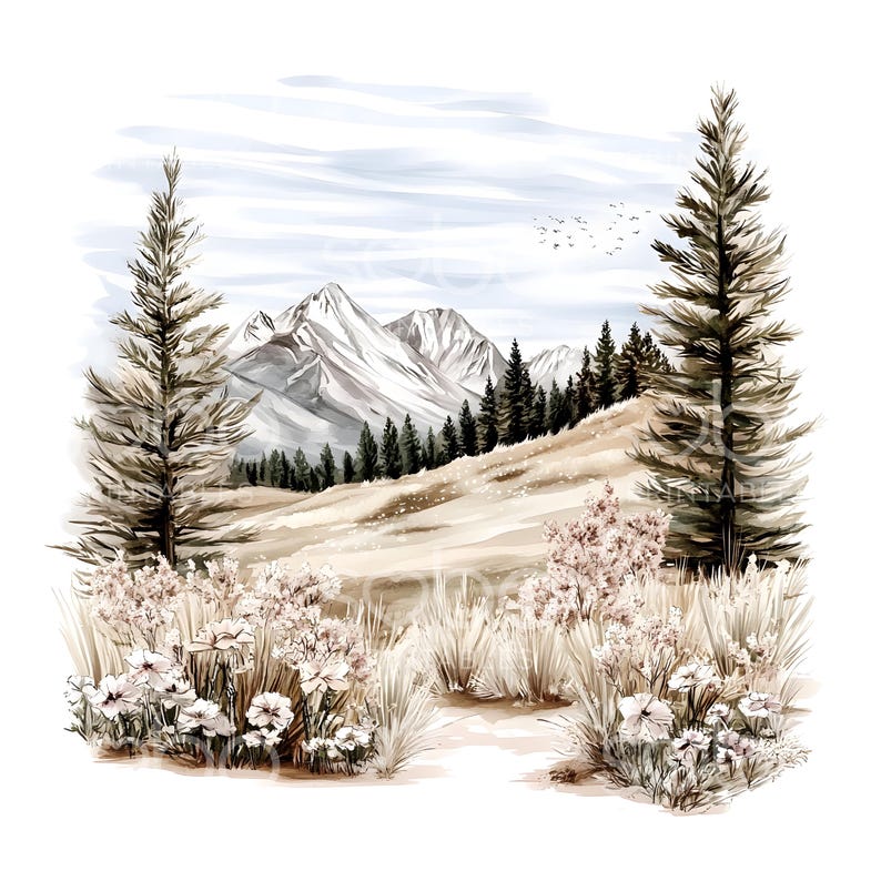 May include: Watercolor painting of a mountain landscape with snow-capped peaks, evergreen trees, and wildflowers. The artwork features a serene scene with a neutral color palette of beige, white, and gray, evoking a sense of tranquility and nature.