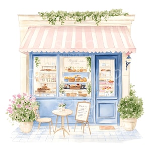 May include: A watercolor painting of a small blue and white storefront with a pink awning. The storefront has a large window display filled with pastries and a sign that reads "Theiel - salon de the". There is a small table and chairs set up outside the store with a menu board that reads "Menu".