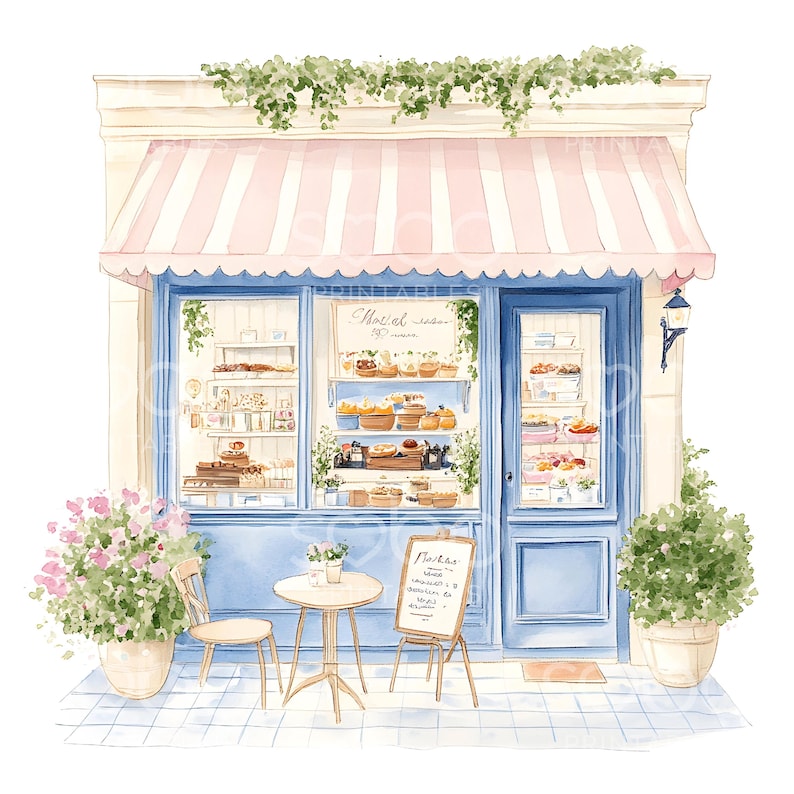 May include: A watercolor painting of a small blue and white storefront with a pink awning. The storefront has a large window display filled with pastries and a sign that reads "Theiel - salon de the". There is a small table and chairs set up outside the store with a menu board that reads "Menu".