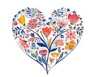 May include: Watercolor illustration of a heart shape filled with colorful flowers and foliage. The design features red, pink, yellow, and blue blossoms with green leaves, all arranged on a white background. The floral arrangement is in a folk art style.