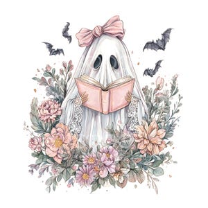 May include: A watercolor illustration of a friendly ghost reading a pink book, surrounded by flowers and bats. The ghost wears a pink bow and a lace collar. The flowers are in shades of pink, peach, and green.