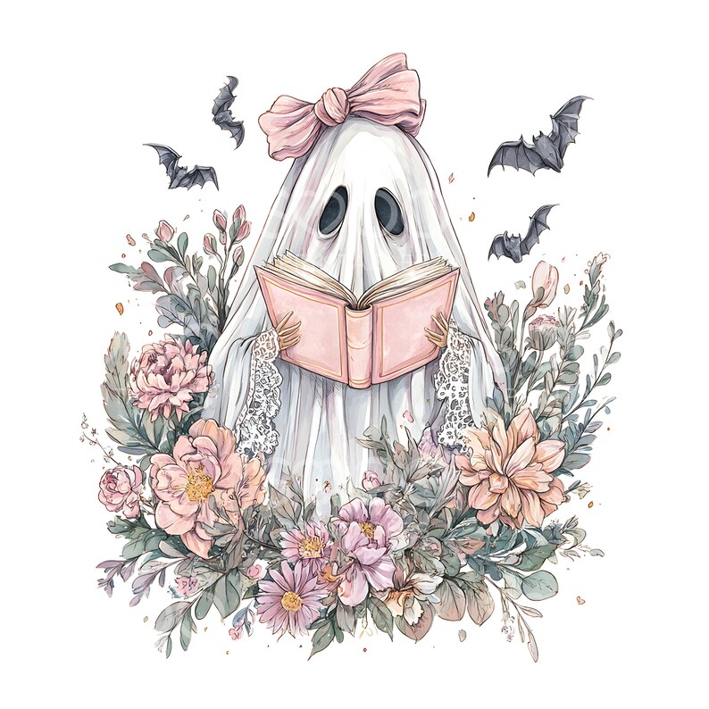 May include: A watercolor illustration of a friendly ghost reading a pink book, surrounded by flowers and bats. The ghost wears a pink bow and a lace collar. The flowers are in shades of pink, peach, and green.