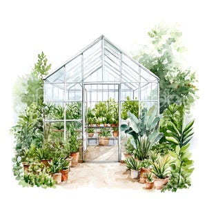 May include: A watercolor painting of a greenhouse filled with potted plants. The greenhouse is made of glass and metal and has a white frame. The plants are a variety of greens and are arranged in rows. The greenhouse is surrounded by lush greenery.