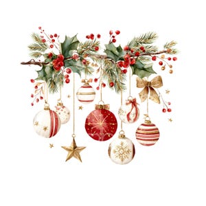 28 Festive Branch Red Clipart, Christmas Decor Art, Rustic Christmas Hanging, Printable Watercolor Art, High Quality JPGs, Paper Craft U134