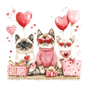 May include: Three watercolor illustrations of cats wearing heart-shaped sunglasses and holding gifts. The cats are surrounded by pink and red hearts and balloons.