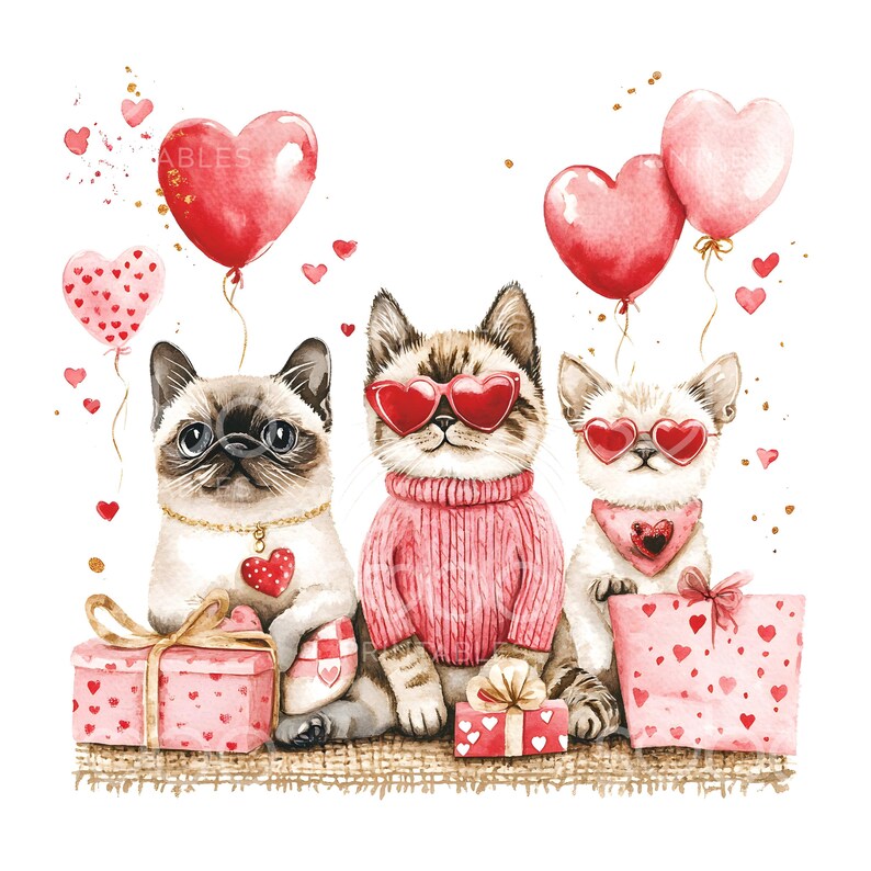 May include: Three watercolor illustrations of cats wearing heart-shaped sunglasses and holding gifts. The cats are surrounded by pink and red hearts and balloons.
