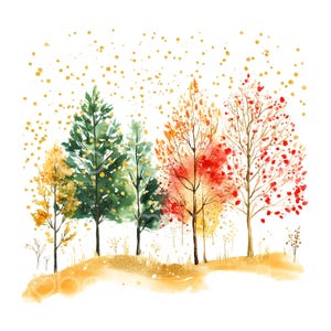 May include: Watercolor painting of a forest scene with trees in various autumnal colors. The trees range from green to yellow, orange, and red, with gold accents. The artwork is set against a white background with gold flecks.