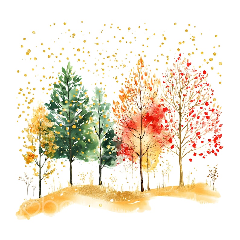 May include: Watercolor painting of a forest scene with trees in various autumnal colors. The trees range from green to yellow, orange, and red, with gold accents. The artwork is set against a white background with gold flecks.