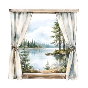 21 imágenes prediseñadas de cabaña con vista a la ventana, vista desde la ventana de la cabaña, arte de viaje acogedor en una cabaña, archivos JPG de alta calidad, descarga digital, manualidades de papel, diario basura S919