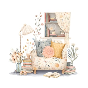 Op de afbeelding: Een fauteuil met een bloemenpatroon en twee kussens, een blauwe en een gele, staat in een knusse leeshoek. Achter de fauteuil staat een boekenkast met boeken en een gordijn met bloemenprint. Een stapel boeken en een lamp staan op de vloer naast de fauteuil.