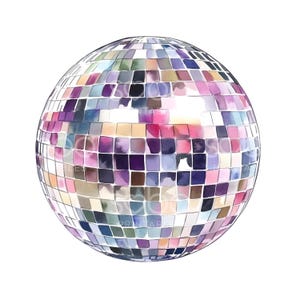 May include: A watercolour painting of a disco ball with a mirrored surface and colourful, iridescent squares. The ball is round and has a shiny, reflective surface.
