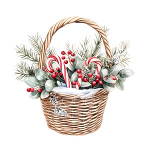 Peut inclure: Illustration à l'aquarelle d'un panier en osier rempli de décorations de Noël. Le panier contient des cannes en sucre, des baies rouges et des branches de conifères. Le panier a une anse et est posé sur fond blanc.