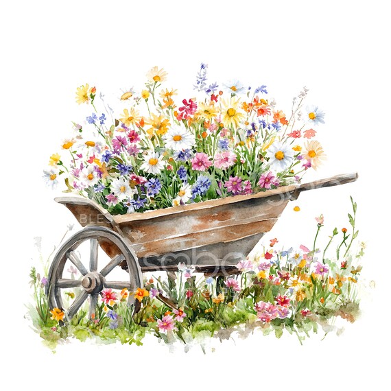 20 Floral Wheelbarrow Clipart, Wheel Barrow, High Quality JPGs, Printable Watercolor Art, Digital Download, Paper Craft, Junk Journal S596