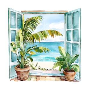 20 Window View Ocean Clipart, Window to Sea, Cozy Ocean Travel Art, High Quality JPGs, Digital Download, Paper Craft, Junk Journal S920