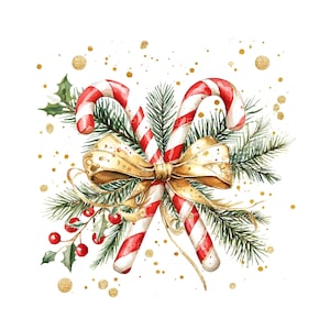 May include: Watercolor illustration of two red and white striped candy canes, adorned with a gold bow and sprigs of evergreen and holly. Gold glitter accents the background, creating a festive holiday design.