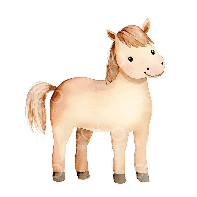May include: Watercolor illustration of a light brown horse with a tan mane and tail. The horse has a friendly expression with rosy cheeks and is standing on four legs. The artwork is on a white background.
