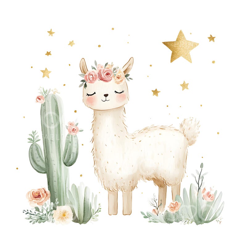 May include: A watercolor illustration of a white llama with a pink flower crown, surrounded by green cacti and flowers. Gold stars are scattered on a white background.