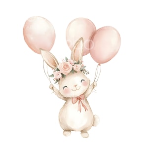 21 lindos conejitos con globos, conejitos de Pascua florales, tarjeta de Pascua, JPG de alta calidad, descarga digital, manualidades de papel, diario basura S594