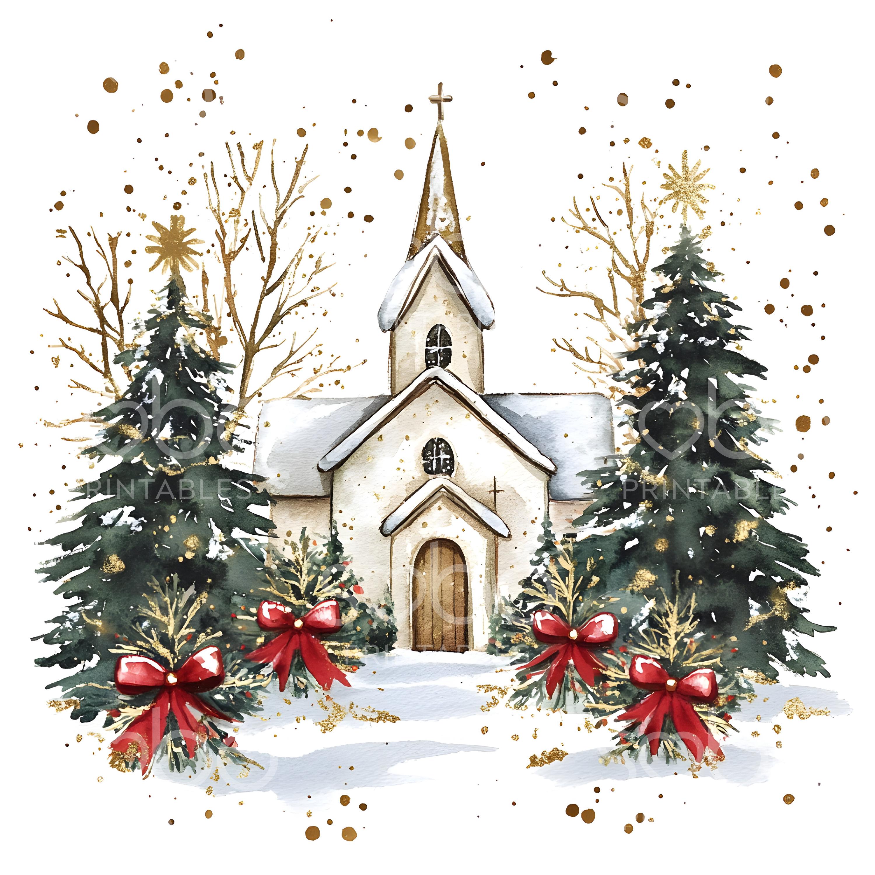 クリスマス教会クリップアート23点、クリスマス教会アート、金箔