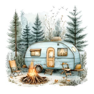 28 Clipart camping feu de joie, remorque, tente, feu de camp pour caravane, aquarelle imprimable, fichiers JPG de haute qualité, téléchargement numérique, créations en papier S967