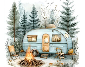 May include: A watercolour illustration depicts a vintage blue caravan in a forest. A campfire burns in front of the caravan, with two folding chairs and a small table nearby. Birds fly overhead, and trees surround the scene.