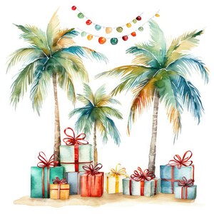 May include: Watercolor painting of palm trees with colorful lights strung between them.  Underneath the trees are wrapped gifts in various colors, including red, green, blue, and yellow.