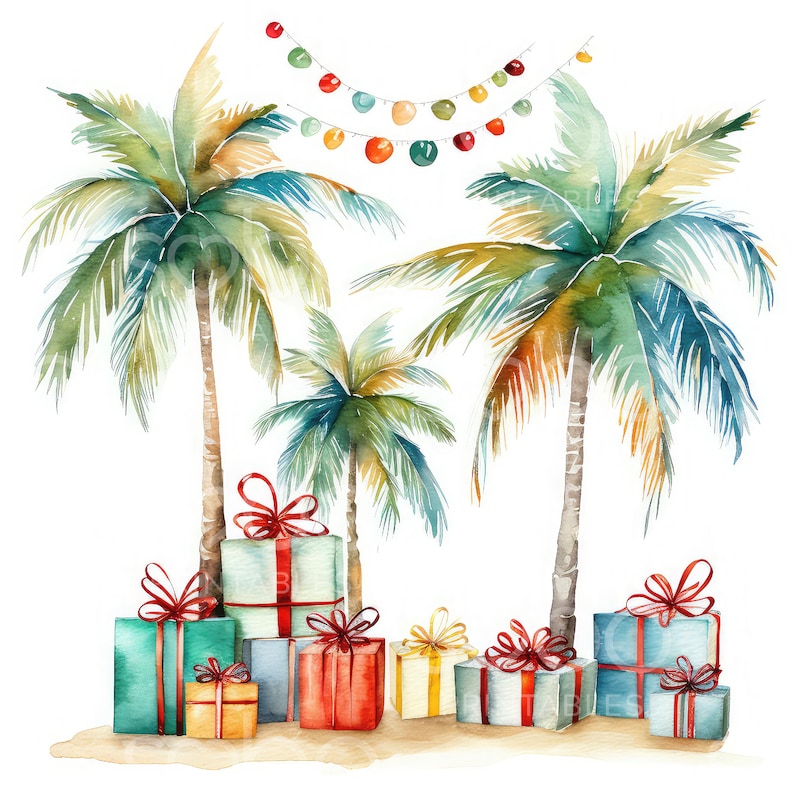 May include: Watercolor painting of palm trees with colorful lights strung between them.  Underneath the trees are wrapped gifts in various colors, including red, green, blue, and yellow.