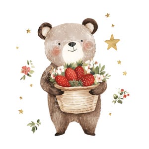 24 Bär Erdbeere Clipart, süßer Braunbär, Kinderzimmer Aquarell Kunst, hochwertige JPGs, digitaler Download, Papierhandwerk, Junk Journal S782