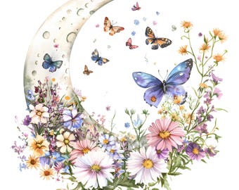 18 Boho Floral  Moon Clipart, Floral Garden, Butterfly, Moon Wall Art, High Quality JPG, Digital Download, Paper Craft, Junk Journal S321