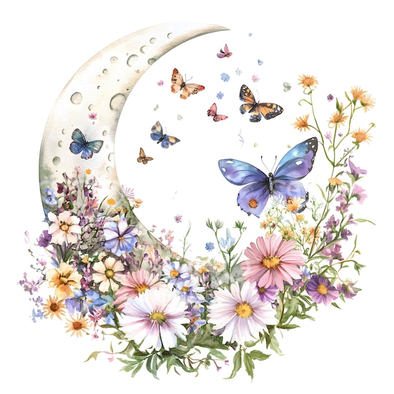 18 Boho Floral  Moon Clipart, Floral Garden, Butterfly, Moon Wall Art, High Quality JPG, Digital Download, Paper Craft, Junk Journal S321