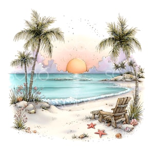 Puede incluir: Ilustración en acuarela de una escena de playa al atardecer. La imagen presenta palmeras, una silla de playa de madera, conchas marinas y estrellas de mar en una orilla arenosa. El sol se pone sobre el océano, con suaves tonos rosas y naranjas en el cielo.
