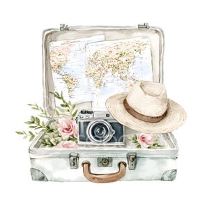 27 imágenes prediseñadas de maletas abiertas vintage, maletas de viaje, viajes de vacaciones, archivos JPG de alta calidad, descarga digital, manualidades de papel, diario basura S933