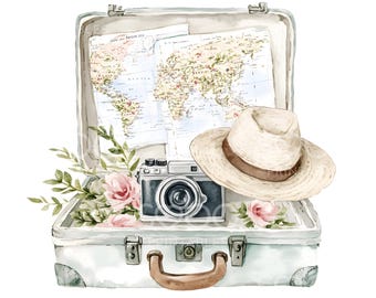 May include: Watercolor illustration of a vintage suitcase open to reveal a world map, camera, straw hat, pink roses, and greenery. The suitcase is light blue with a brown handle and silver hardware.