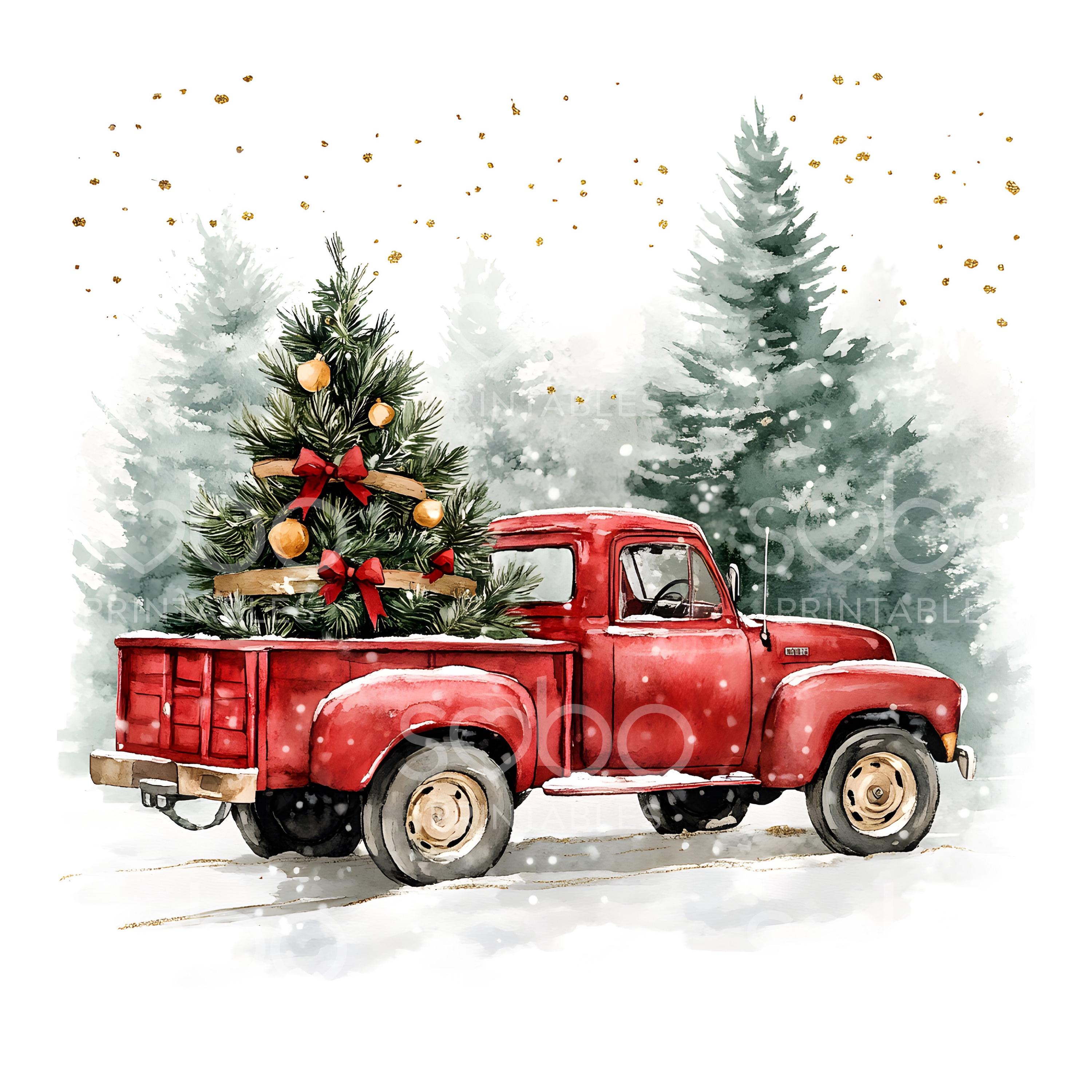 31 xmas pickup truck clipart, red christmas truck, christmas card