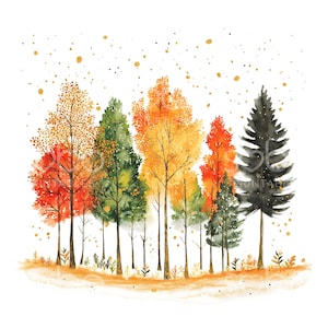 May include: Watercolor painting of a forest scene with trees in autumn colors. The trees range from red and orange to green and yellow, with a dark green evergreen tree on the right. Gold flecks are scattered above.
