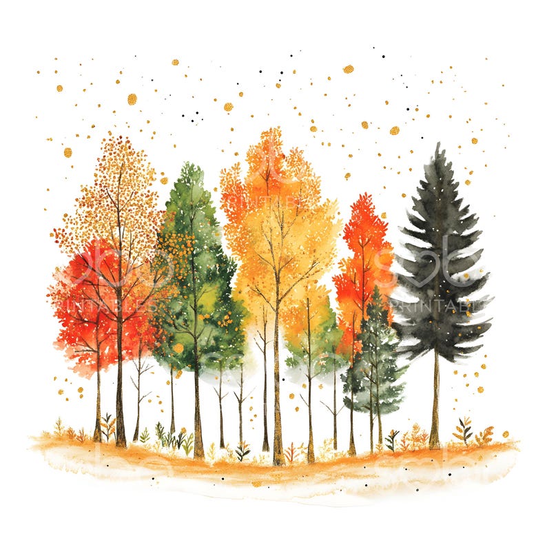 May include: Watercolor painting of a forest scene with trees in autumn colors. The trees range from red and orange to green and yellow, with a dark green evergreen tree on the right. Gold flecks are scattered above.
